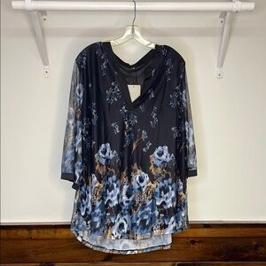 NWT Amazon Mesh Floral V-Neck Women's Top‎ 3/4 Sleeve Black and Blue- 4X